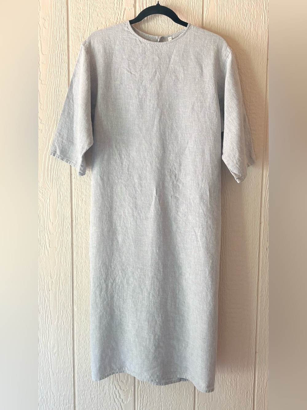 MUJI French Linen Dress Gray 3/4 Sleeve Midi Minimalist Shift Lagenlook XS/S